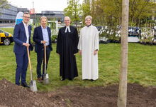 Segen für eine junge Rotbuche (von links): Prof. Dr. Martin Roll, Dr. Raoul Hille, Karl-Martin Harms und Annette Burchardt. Foto: Marek Kruszewski, HAJ