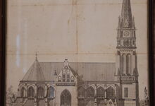 Eine alte Zeichnung zeigt die Elisabeth-Kirche mit dem zunächst geplanten neuen Turm. Foto: Andrea Hesse