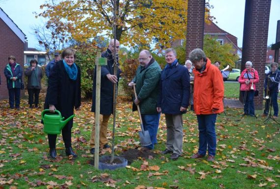 Von Pastor Joachim Schnell kam die Anregung, Mitglieder des Kirchenvorstandes pflanzten die junge Luther-Eiche (von links): Kerstin Rickert, Dr. Ulrich Spielmann, Bernhard Orlowski, Günter Depke und Inga Breitkopf. Foto: Andrea Hesse