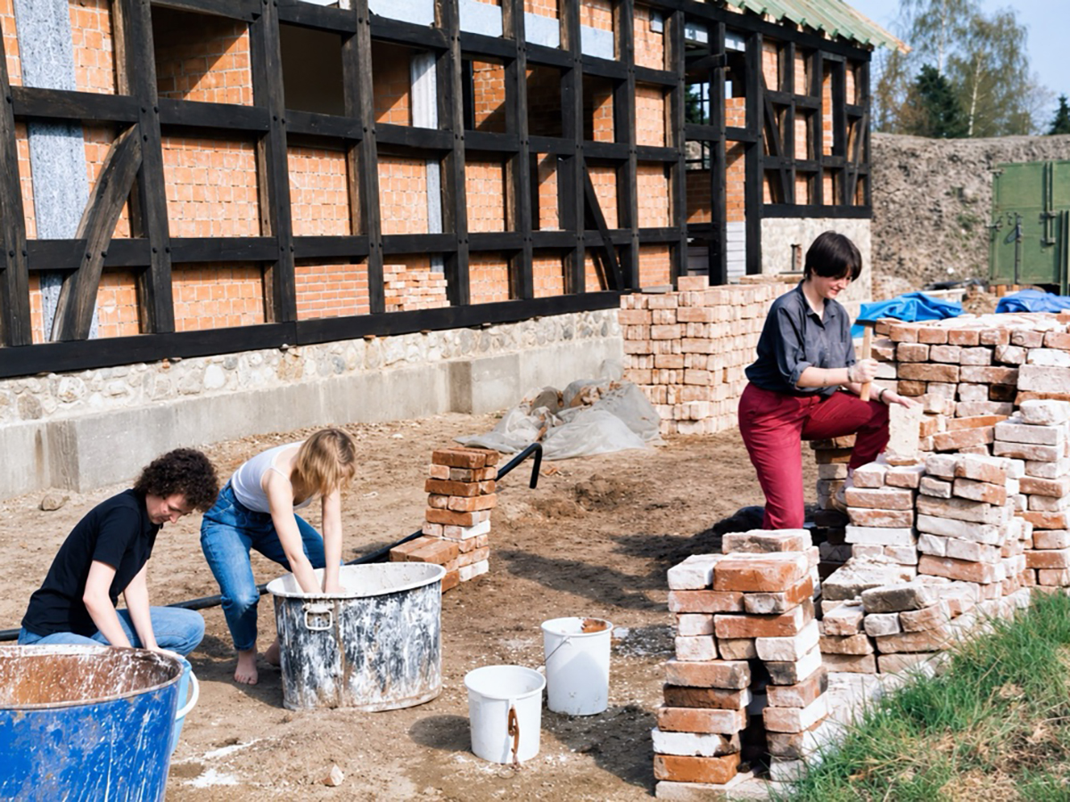 Handarbeit: das Vorbereiten der alten Mauersteine für den Wiederaufbau des Fachwerkhauses. Foto: privat